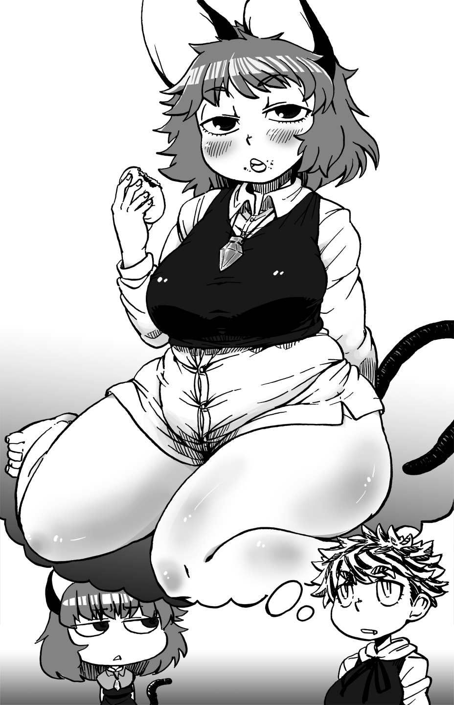 2girls, animal_ears, baozi, blush, breasts, chibi, commentary, dress