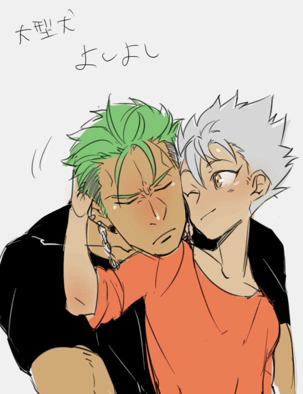 2boys, biceps, brown_eyes, chains, comforting, dark_skin, dark_skinned_male, earrings, flat_color, green_hair, grey_hair, highres, jewelry, king_of_prism_by_prettyrhythm, leaning_on_person, looking_at_another, male_focus, multiple_boys, muscle, nishina_kazuki, one_eye_closed, pretty_rhythm, smile, spiky_hair, torawar, upper_body, white_background, yamato_alexander, yaoi