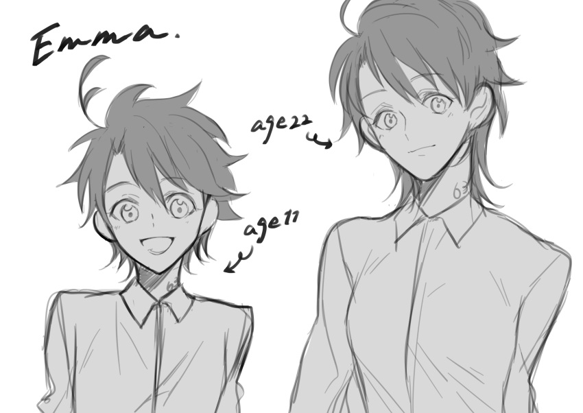 1girl, age_comparison, ahoge, emma_(yakusoku_no_neverland), greyscale, highres, monochrome, older, short_hair, simple_background, smile, tana_no_hito, tattoo, uniform, upper_body, white_background, yakusoku_no_neverland