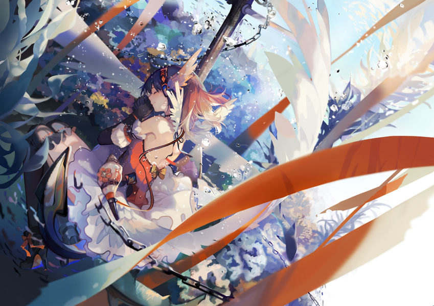 1girl, angel_wings, brown_hair, bubble, chains, closed_eyes, conch, dress