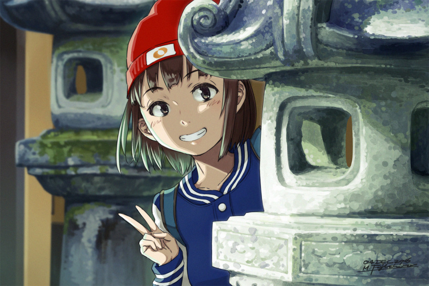 1girl, beanie, blush, brown_eyes, dated, grin, hat, highres