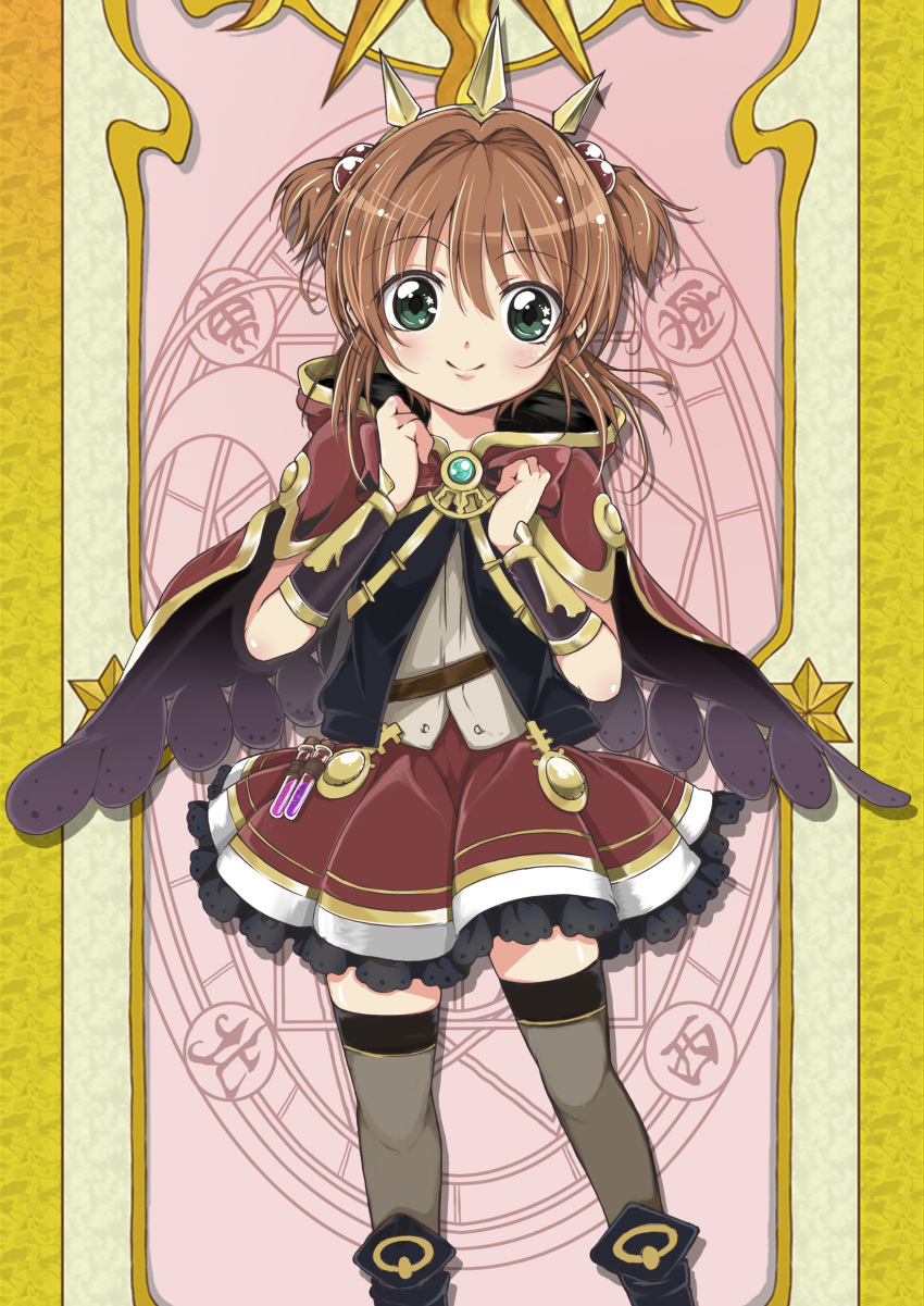 1girl, blush, cagliostro_(granblue_fantasy), cagliostro_(granblue_fantasy)_(cosplay), cape, card_captor_sakura, clow_card, commentary_request