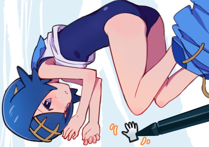 1girl, blue_eyes, blue_hair, bright_pupils, cursor, hairband, one-piece_swimsuit, panties