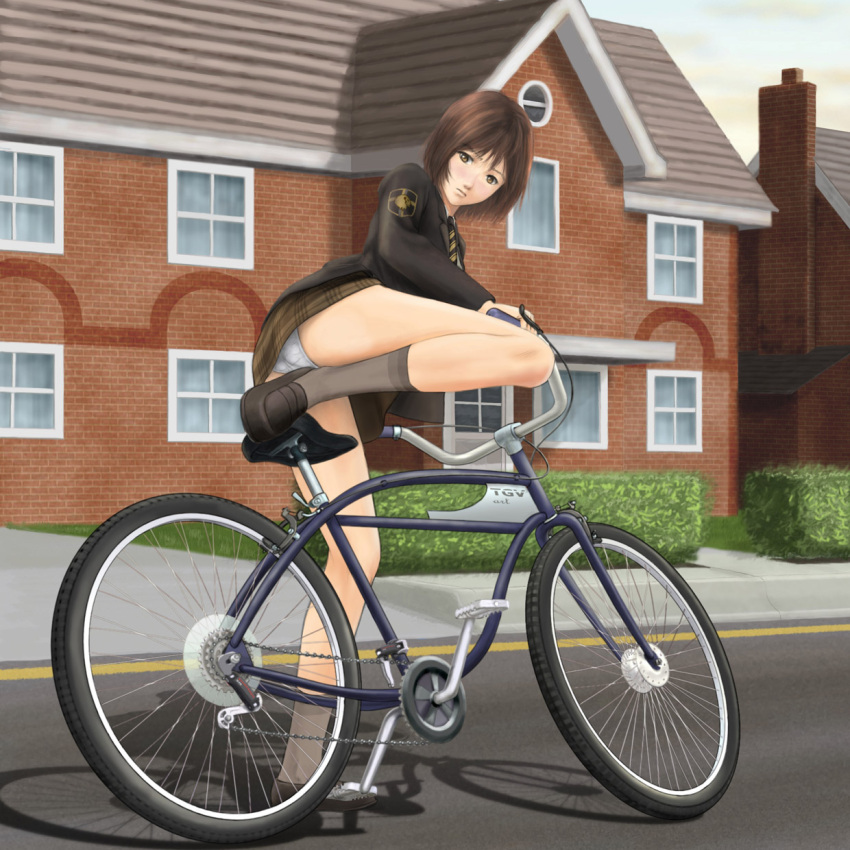 blush, brown_hair, evokid, highres, house, legs, original, panties