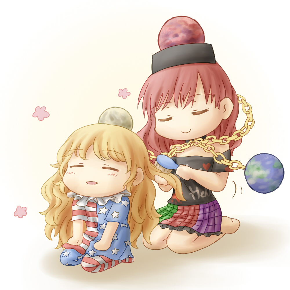 2girls, american_flag_legwear, american_flag_shirt, barefoot, blonde_hair, blush, chains, chibi