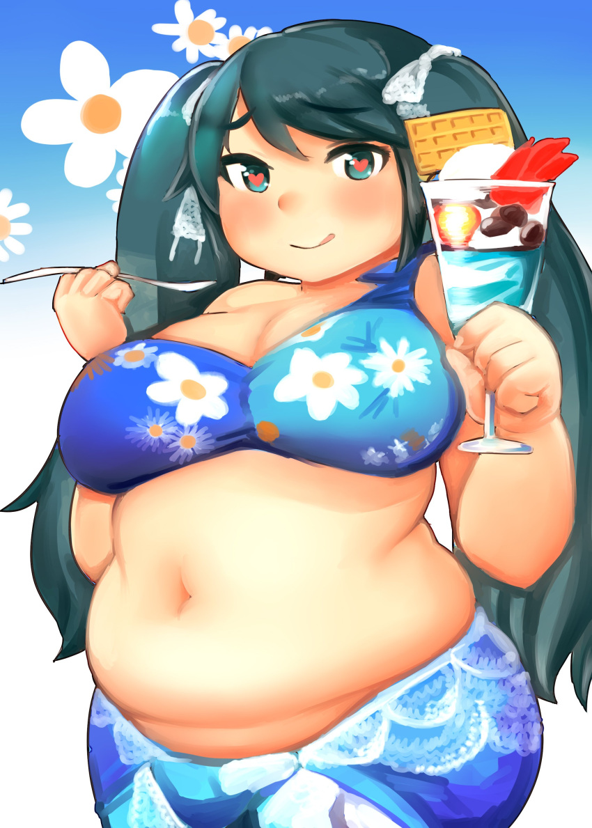 1girl, :q, absurdres, aqua_eyes, aqua_hair, bangs, bikini, blue_bikini, blush, breasts, closed_mouth, eyebrows_visible_through_hair, fat, floral_background, floral_print, food, fusa_(starless2323), gradient, gradient_background, hair_ribbon, heart, heart-shaped_pupils, highres, holding, holding_food, holding_spoon, isuzu_(kantai_collection), kantai_collection, large_breasts, long_hair, looking_at_viewer, navel, parfait, plump, ribbon, sarong, smile, solo, swept_bangs, swimsuit, symbol-shaped_pupils, tongue, tongue_out, twintails, very_long_hair, white_ribbon