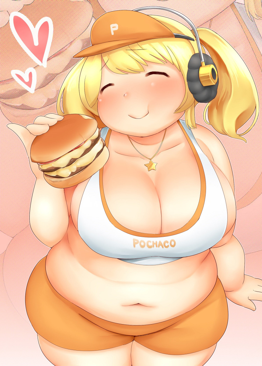1girl, :>, :t, ^_^, bare_shoulders, bike_shorts, blonde_hair, blush