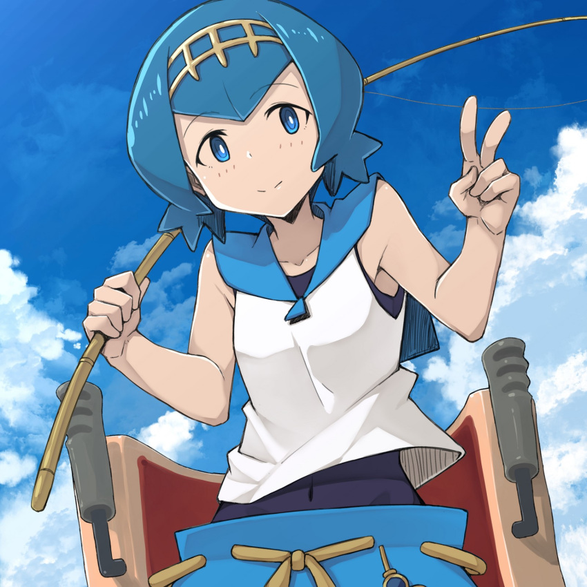 1girl, blue_eyes, blue_hair, blue_sky, bright_pupils, clouds, covered_navel, fishing_rod