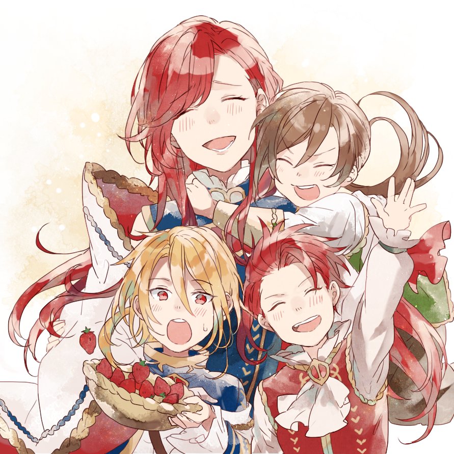 aglovale_(granblue_fantasy), blonde_hair, blush, brothers, brown_hair, closed_eyes, family, food