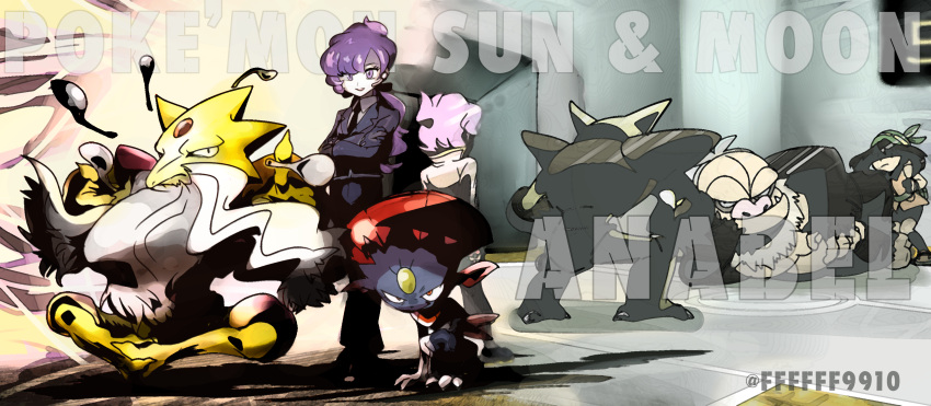 2girls, absurdres, alakazam, back-to-back, bangs, beard, black_gloves, black_jacket
