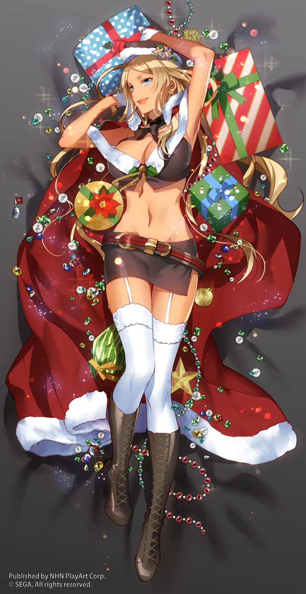 1girl, adapted_costume, alternate_costume, armpits, arms_up, beads, belt, blonde_hair
