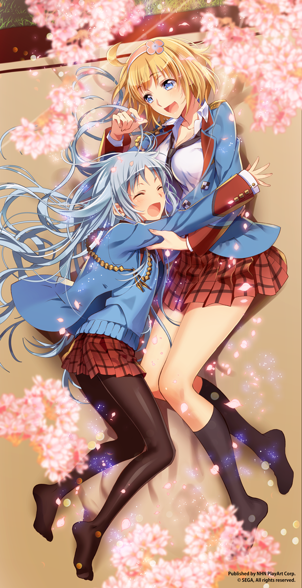 2girls, ^_^, ^o^, ahoge, aliasse, between_breasts, black_legwear, blanket