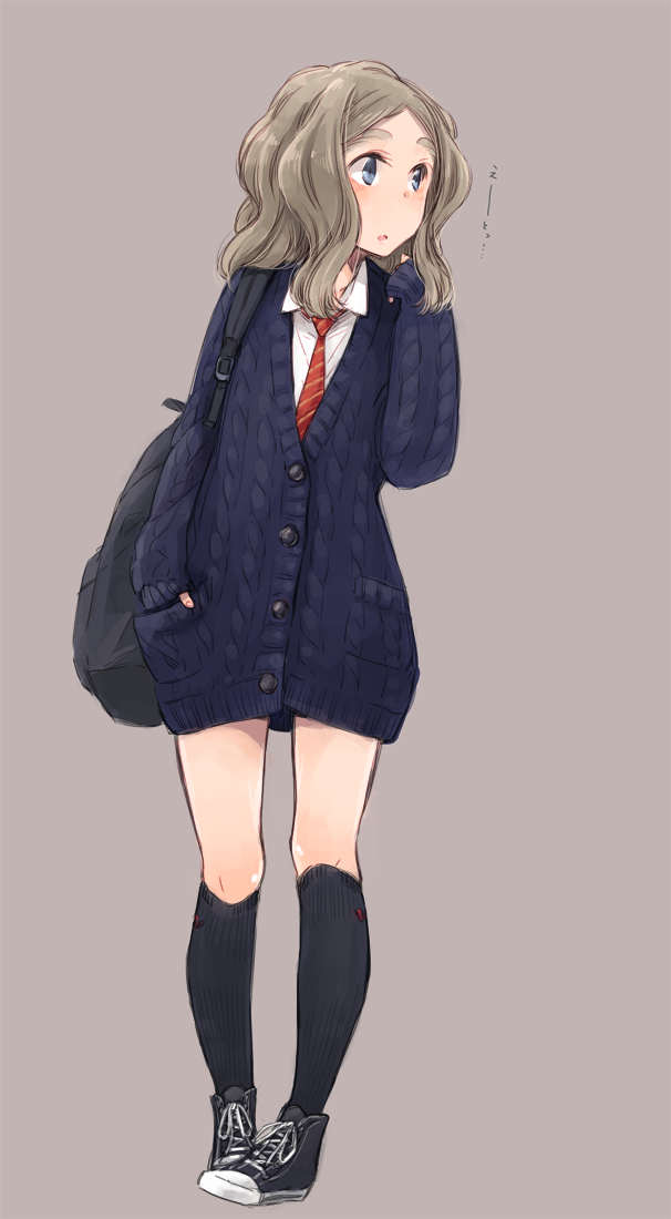 1girl, aran_sweater, bag, black_legwear, black_shoes, blue_eyes, blush, brown_hair