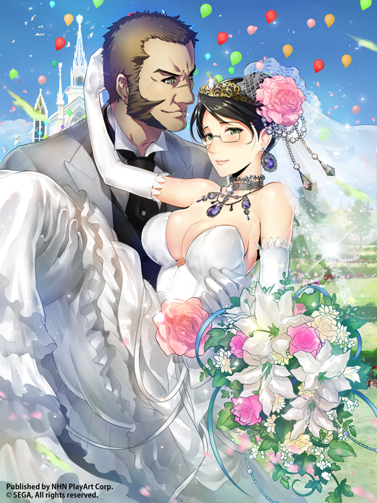 1boy, 1girl, balloon, bare_shoulders, black_hair, blush, bouquet, breasts
