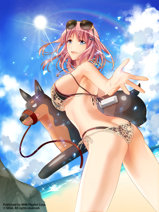 1girl, ass, beach, bikini, blue_eyes, breasts, butt_crack, clarissa_callaghan