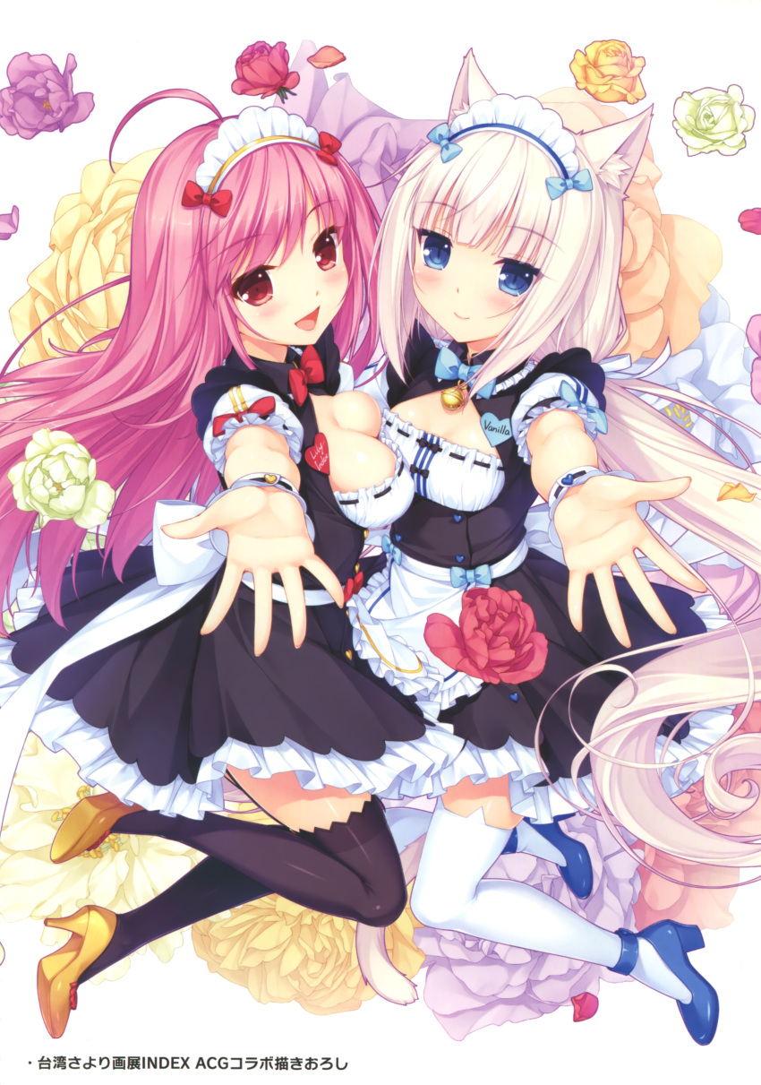 2girls, absurdres, ahoge, black_legwear, blue_bow, blue_eyes, bow, breast_press, breasts, cat_ear_thighhighs, cat_tail, character_name, character_request, cleavage, comic, dress, eyebrows_visible_through_hair, green_lower, hair_bow, high_heels, highres, long_hair, looking_at_viewer, maid, maid_headdress, medium_breasts, multiple_girls, open_mouth, outstretched_arm, pink_hair, purple_flower, red_eyes, red_flower, sayori, silver_hair, small_breasts, smile, symmetrical_docking, tail, thigh-highs, vanilla, vanilla_(sayori), very_long_hair, white_legwear, wrist_cuffs, yellow_flower