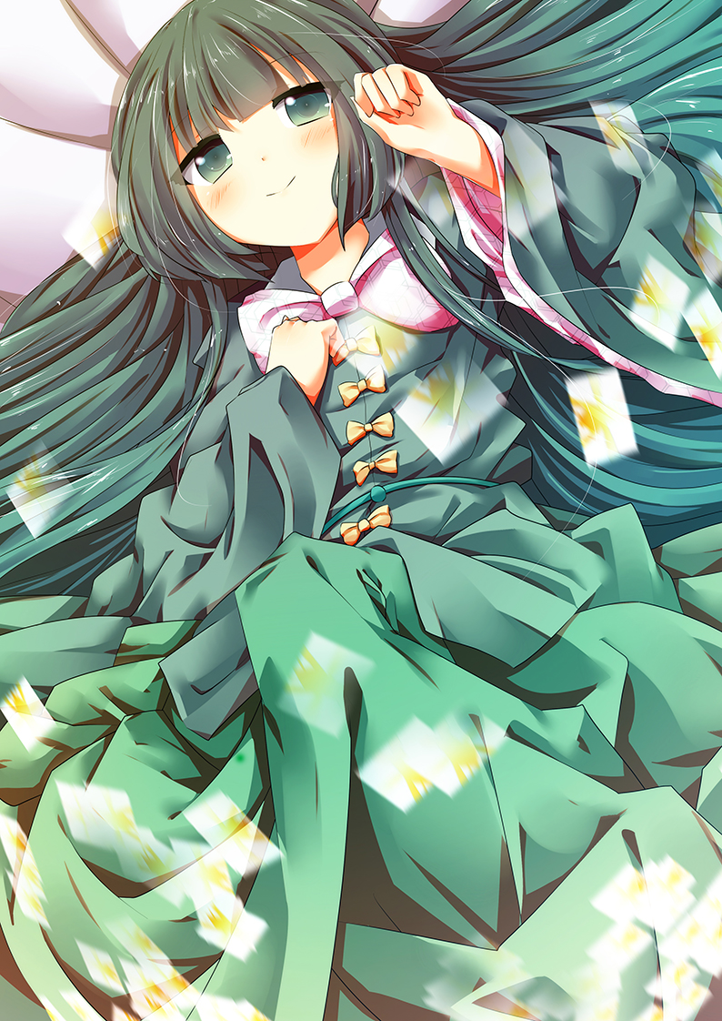 1girl, alternate_color, bed_sheet, blush, bow, celesteela, celesteela_(cosplay), closed_mouth, collared_shirt, commentary_request, cosplay, eyebrows_visible_through_hair, flat_chest, green_eyes, green_hair, green_shirt, green_skirt, hand_on_own_chest, houraisan_kaguya, long_hair, long_skirt, long_sleeves, looking_at_viewer, lying, matching_hair/eyes, on_back, pink_bow, pokemon, pokemon_(game), pokemon_sm, shirt, skirt, skirt_set, smile, solo, touhou, trait_connection, very_long_hair, vier, wide_sleeves, yellow_bow