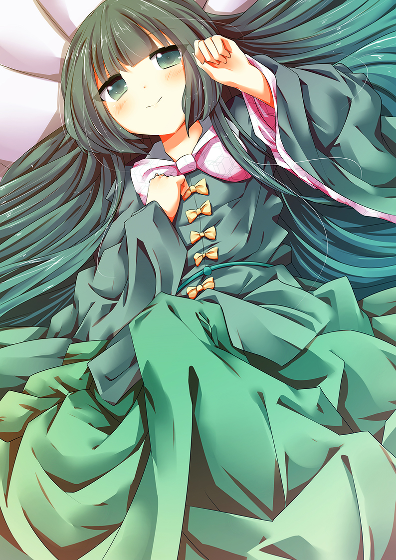 1girl, alternate_color, bed_sheet, blush, bow, celesteela, celesteela_(cosplay), closed_mouth, collared_shirt, cosplay, eyebrows_visible_through_hair, flat_chest, green_eyes, green_hair, green_shirt, green_skirt, hand_on_own_chest, houraisan_kaguya, long_hair, long_skirt, long_sleeves, looking_at_viewer, lying, matching_hair/eyes, on_back, pink_bow, pokemon, pokemon_(game), pokemon_sm, shirt, skirt, skirt_set, smile, solo, touhou, trait_connection, very_long_hair, vier, wide_sleeves, yellow_bow