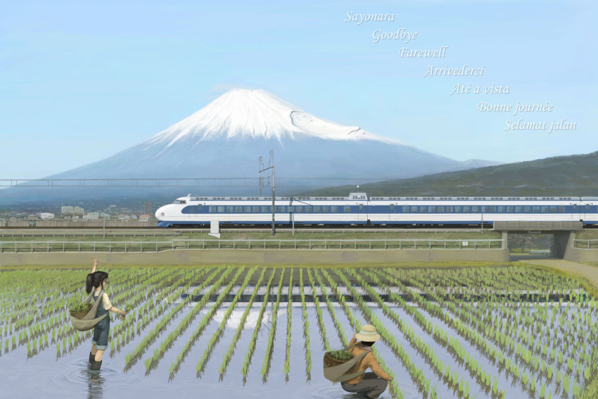 cityscape, evokid, fuji, highres, mount_fuji, rice_field, rice_paddy, scenery