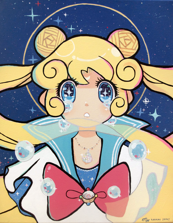 acrylic_paint_(medium), bishoujo_senshi_sailor_moon, blonde_hair, blue_eyes, brooch, crying, crystal, double_bun, facial_mark, forehead_mark, jewelry, kaiami, long_hair, school_uniform, sparkling_eyes, tears, traditional_media, transparent_hair, tsukino_usagi, very_long_hair