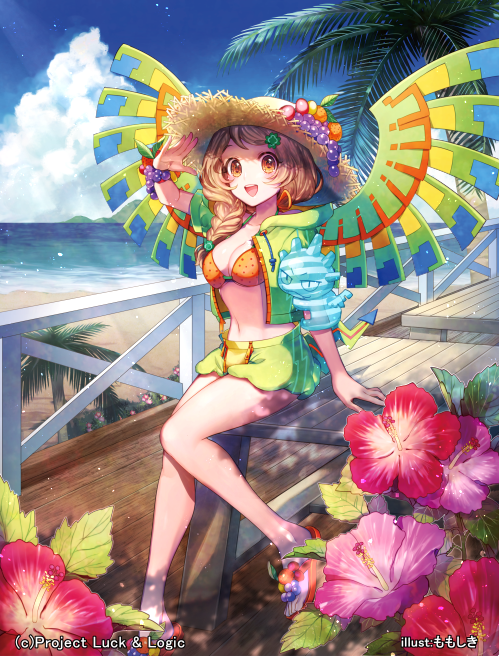 1girl, :d, beach, blonde_hair, braid, breasts, cleavage, flower, food, food_on_head, fruit_on_head, hat, hibiscus, luck_&amp;_logic, momoshiki_tsubaki, nanahoshi_yukari, navel, object_on_head, ocean, open_mouth, palm_tree, quetzalcoatl_(luck_&amp;_logic), smile, sun_hat, swimsuit, tree, wings, yellow_eyes