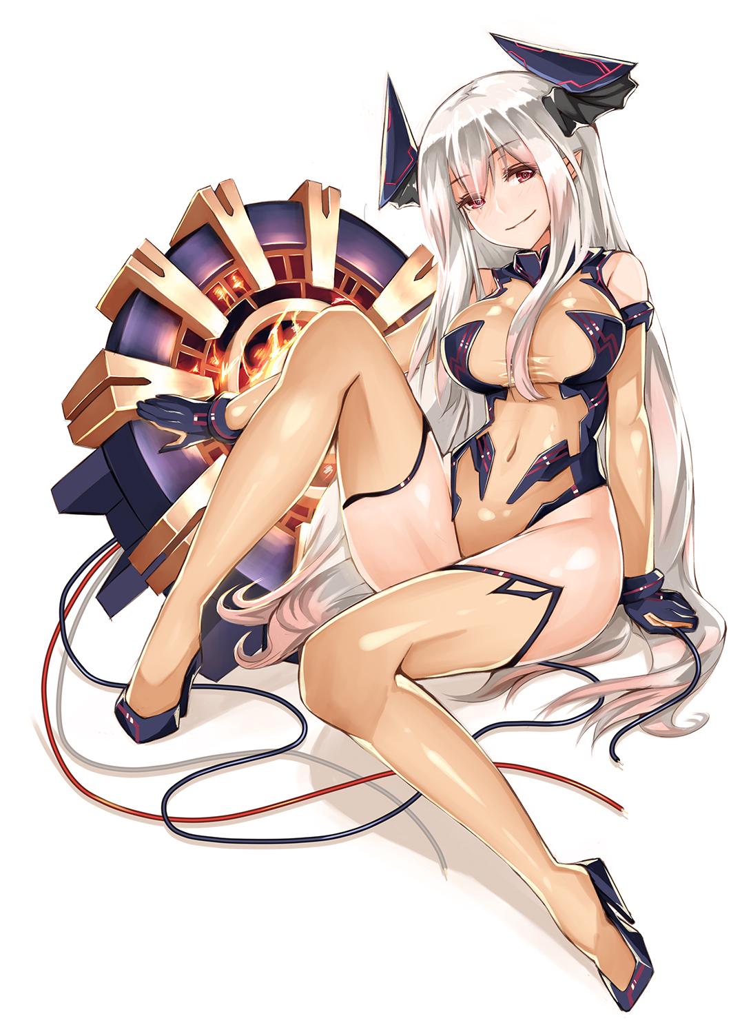 1girl, arm_support, bare_shoulders, black_gloves, breasts, colo_mag-chan, colossus_(granblue_fantasy), commentary_request