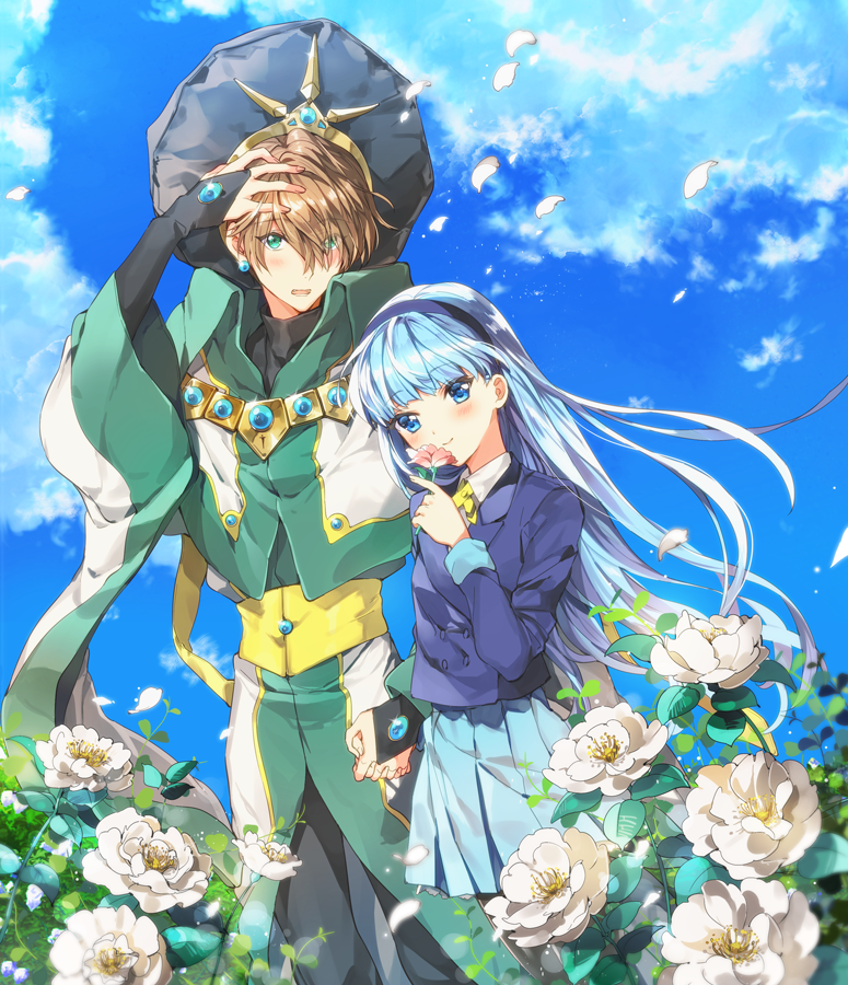 1boy, 1girl, ascot_(rayearth), bangs, black_hat, black_pants, blazer, blue_eyes