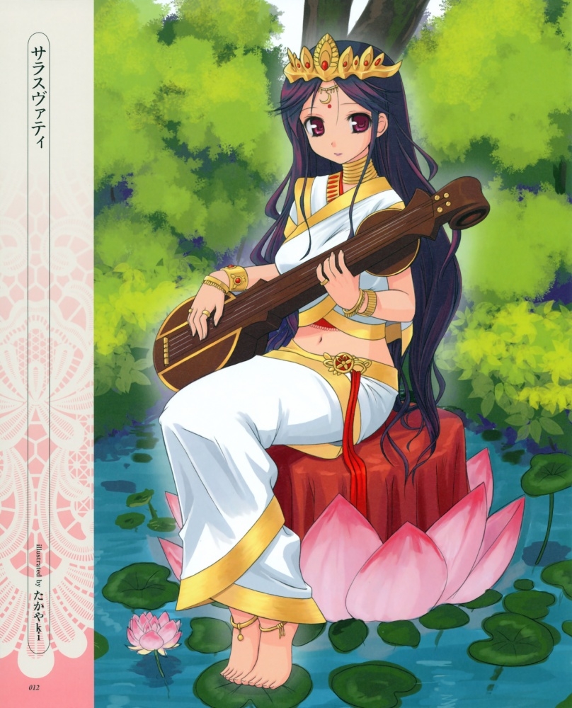 barefoot, bindi, black_hair, bracelet, feet, flower, goddess, hinduism