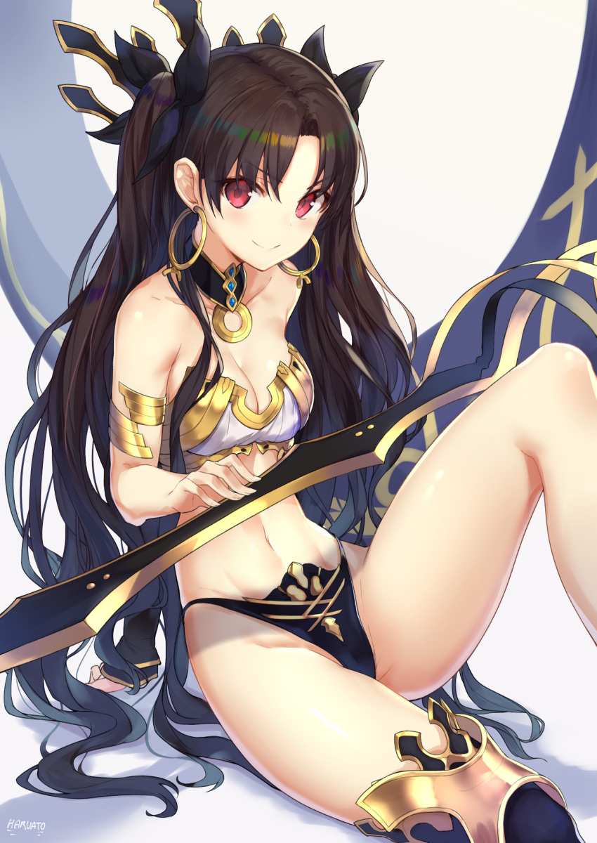 1girl, arm_support, artist_name, asymmetrical_sleeves, ato_(haru_ato), bangs, bare_shoulders, black_hair