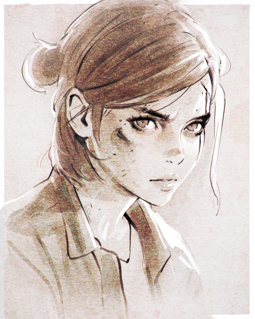 1girl, ellie_(the_last_of_us), highres, ilya_kuvshinov, monochrome, short_hair, solo, the_last_of_us