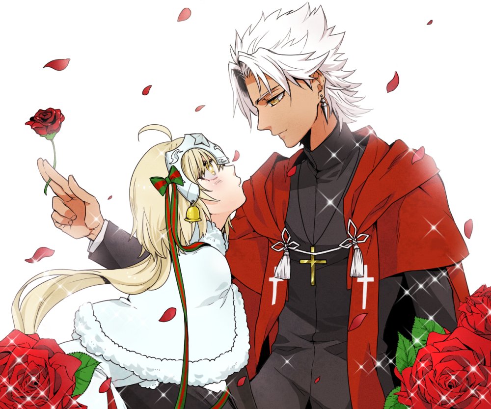 1boy, 1girl, accessories, bell, black_clothes, black_gloves, blonde_hair, blush, brown_eyes, cape, capelet, closed_mouth, commentary_request, cross, cross_necklace, dark_skin, earrings, elbow_gloves, fate/apocrypha, fate/grand_order, fate_(series), flower, fur_trim, glitter, gloves, hair_ribbon, headpiece, helmet, jeanne_alter, jeanne_alter_(santa_lily)_(fate), jewelry, kotomine_shirou, leaf, long_hair, necklace, ni1ten_xx00, petals, ribbon, rose, rose_petals, ruler_(fate/apocrypha), short_hair, stole, white_background, white_hair, yellow_eyes