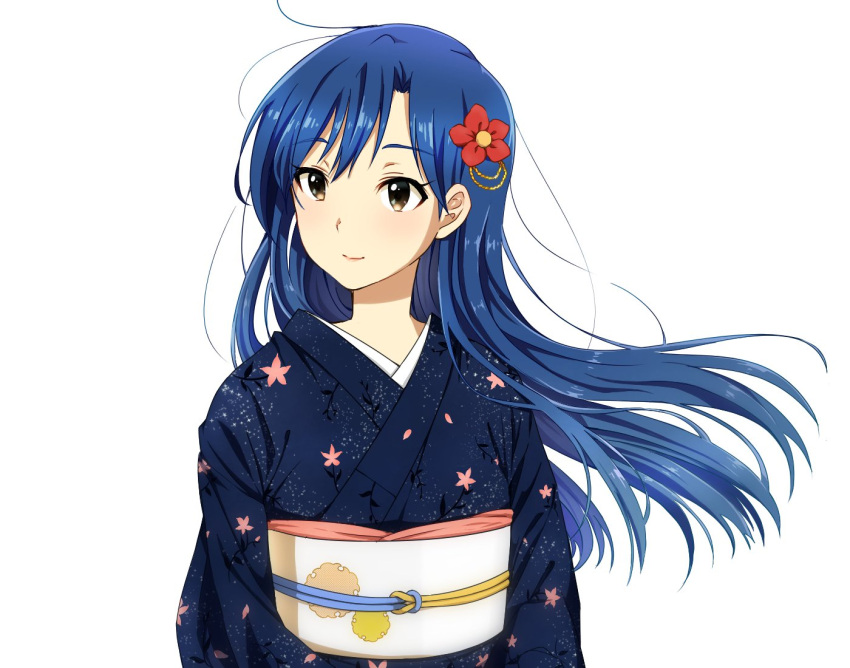 1girl, blue_hair, blush, brown_eyes, eyebrows_visible_through_hair, flower, hair_flower, hair_ornament