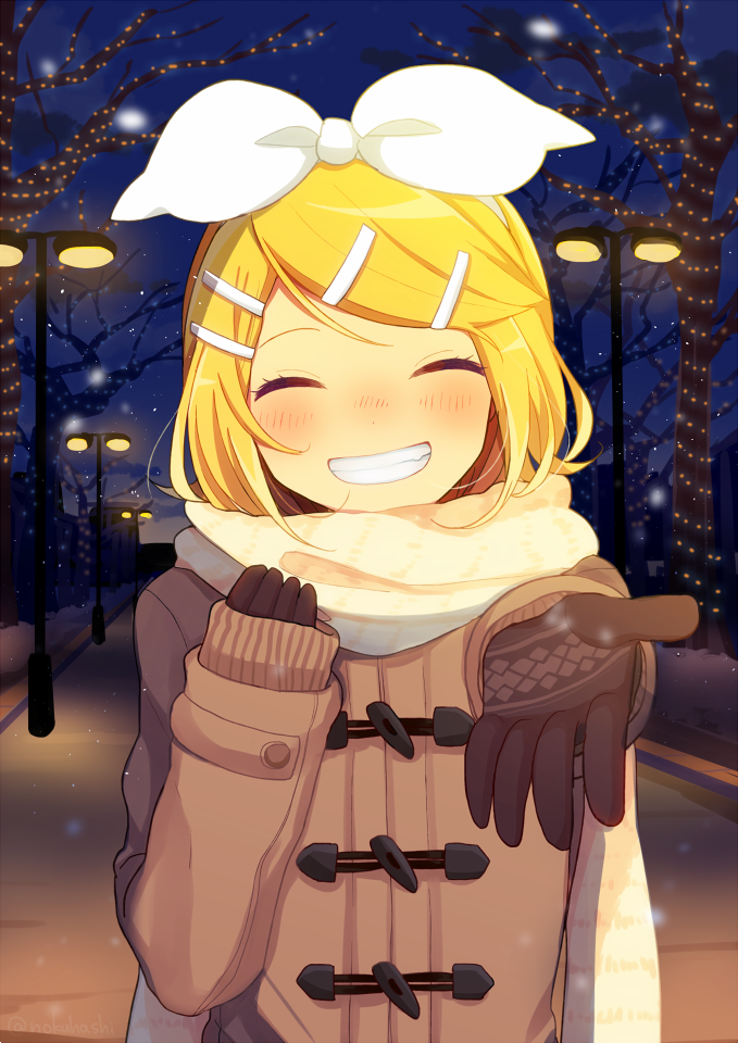1girl, ^_^, bangs, beckoning, black_gloves, blonde_hair, blurry, breath