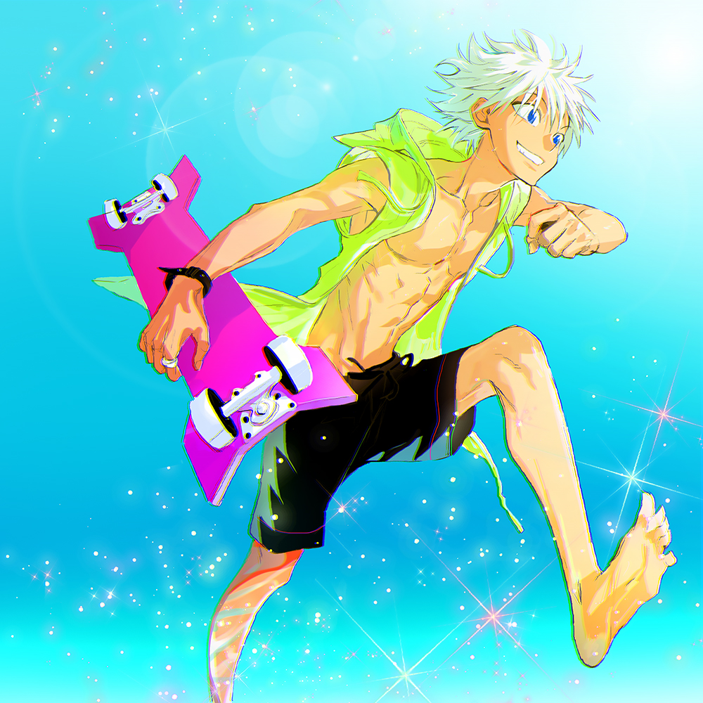 1boy, barefoot, blue_eyes, bracelet, grin, hunter_x_hunter, jacket, jewelry