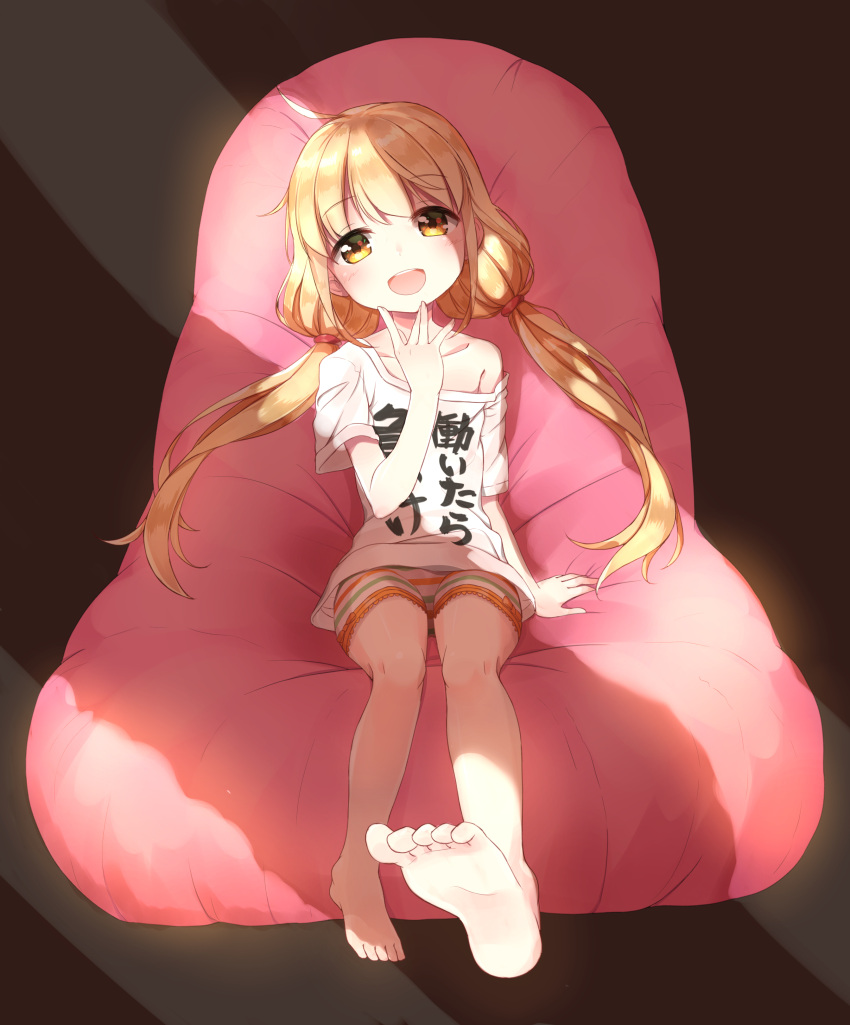 1girl, :d, absurdres, bare_shoulders, barefoot, blonde_hair, eyebrows_visible_through_hair, feet