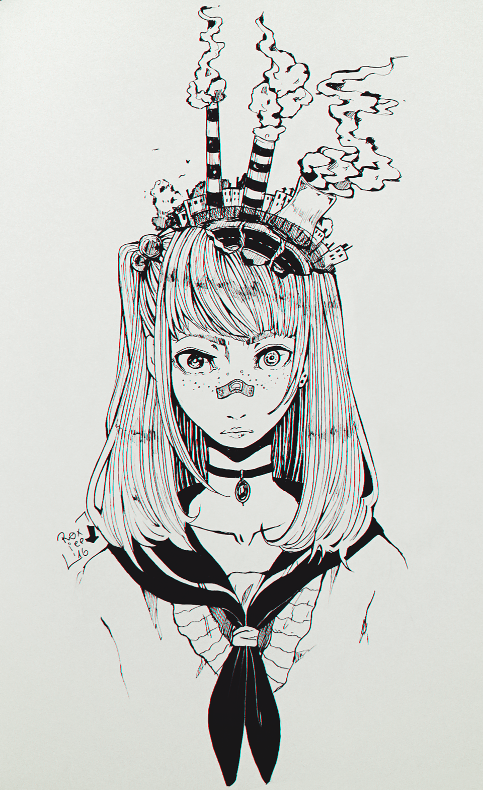 1girl, artist_name, bandaid, bandaid_on_nose, chromatic_aberration, collarbone, cooling_tower, factory, freckles, hair_bobbles, hair_ornament, heterochromia, highres, jewelry, lineart, looking_at_viewer, monochrome, necklace, original, portrait, roxiee-chan, smoke, smokestack
