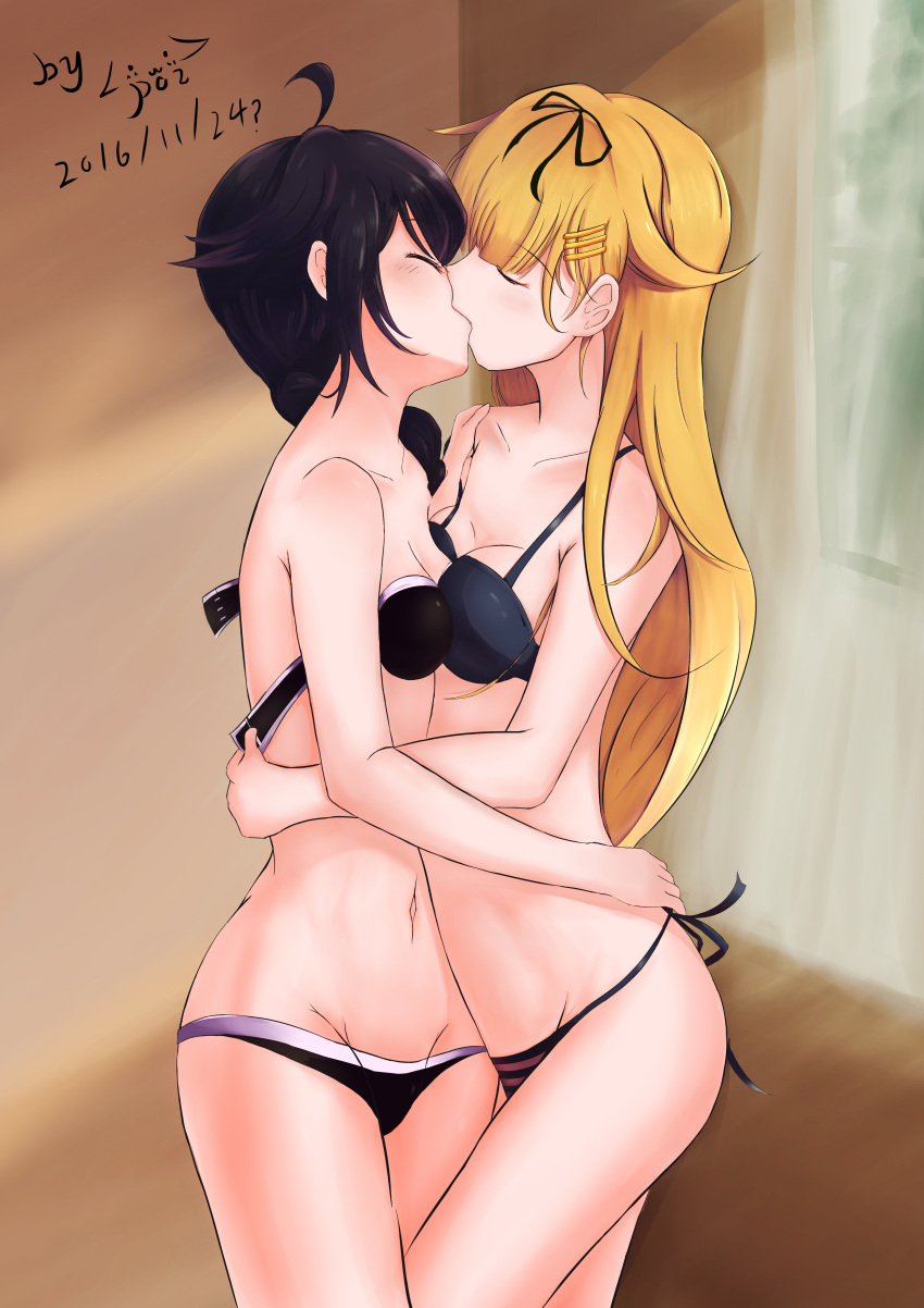 2girls, absurdres, ahoge, asymmetrical_docking, between_legs, bikini, black_hair, black_ribbon
