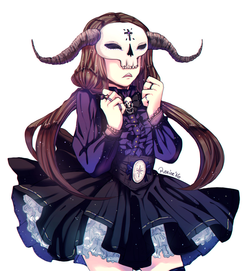 1girl, brown_hair, cross, dress, highres, jewelry, long_hair, long_sleeves, mask, original, ring, roxiee-chan, simple_background, skull_mask, skull_necklace, solo, tagme, twintails