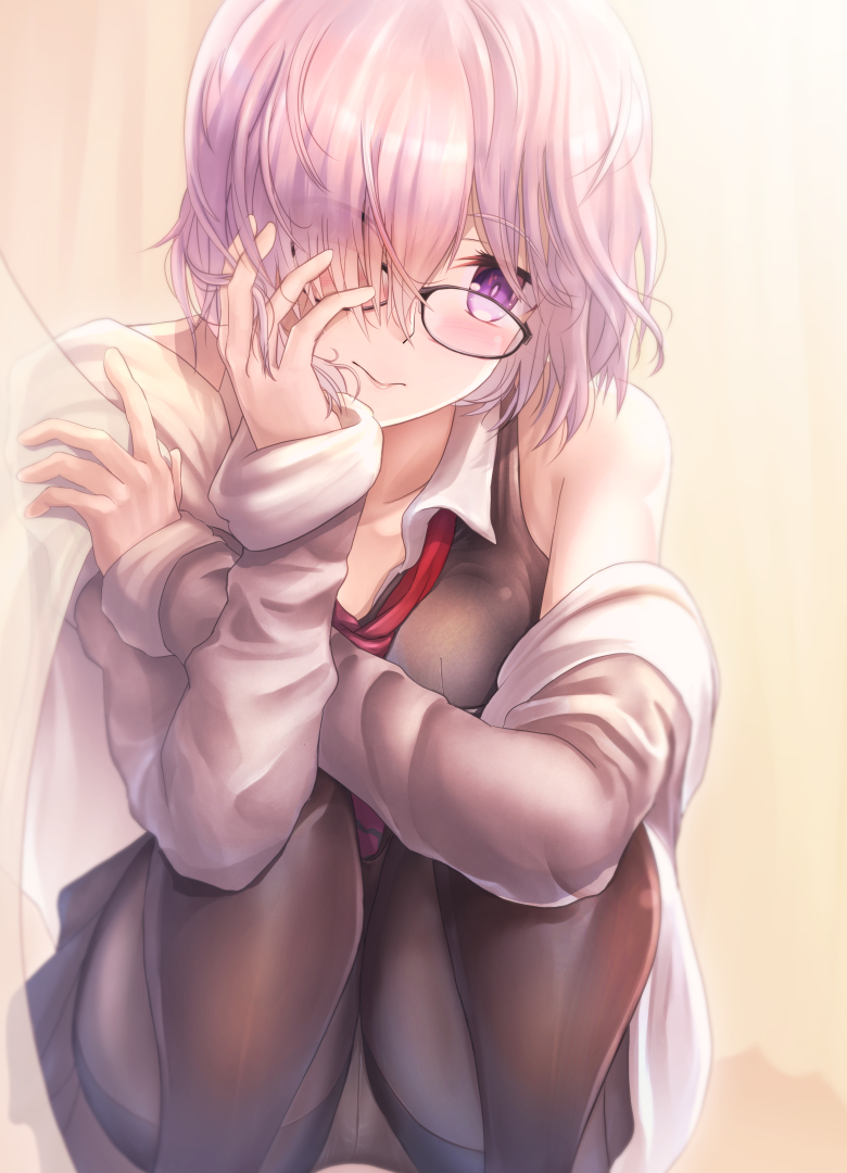 1girl, 3:, bangs, bare_shoulders, beige_background, black-framed_eyewear, black_legwear, blurry