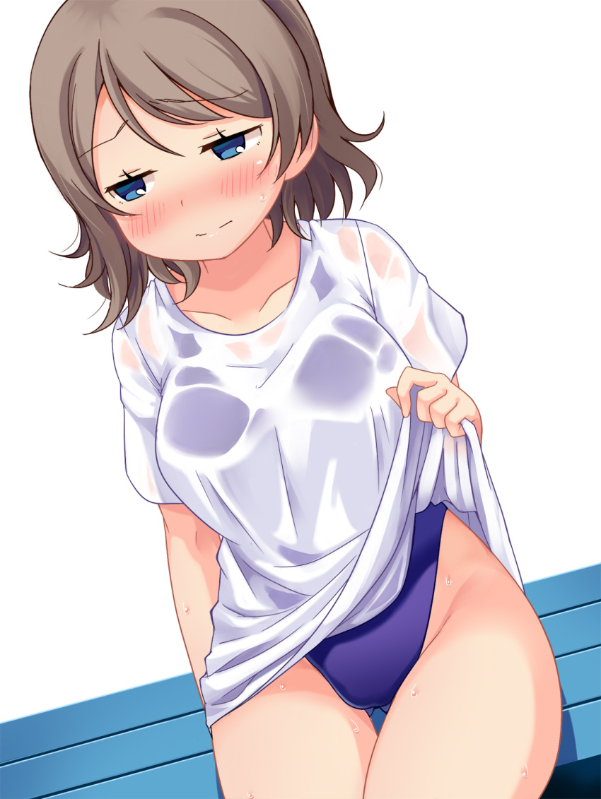 1girl, bench, blue_eyes, blush, brown_hair, competition_swimsuit, gluteal_fold, highleg
