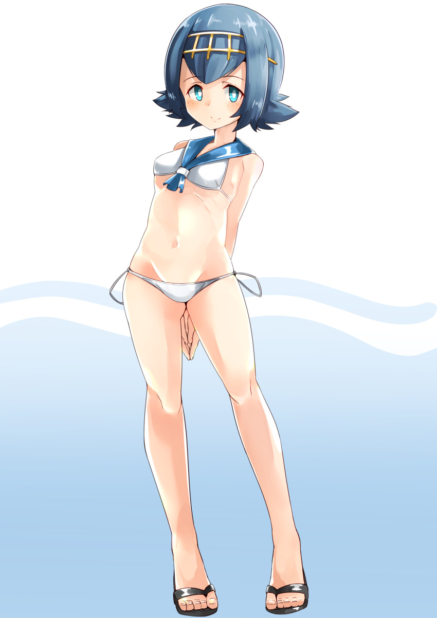 1girl, arms_behind_back, bikini, blue_eyes, blue_hair, elusya, full_body, gradient, gradient_background, hairband, highres, pokemon, pokemon_(game), pokemon_sm, sailor_bikini, sailor_collar, sandals, short_hair, side-tie_bikini, standing, suiren_(pokemon), swimsuit, white_bikini
