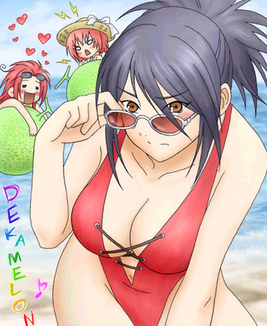 2girls, beach, black_hair, blush, breasts, brown_eyes, casual_one-piece_swimsuit, cleavage