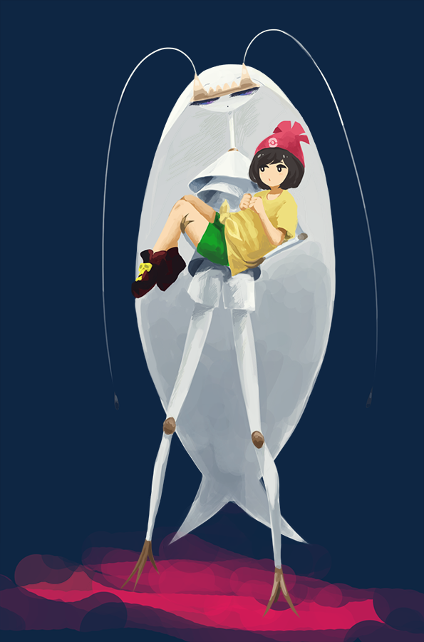 1girl, antennae, beanie, black_eyes, black_hair, blue_background, bright_pupils, carrying