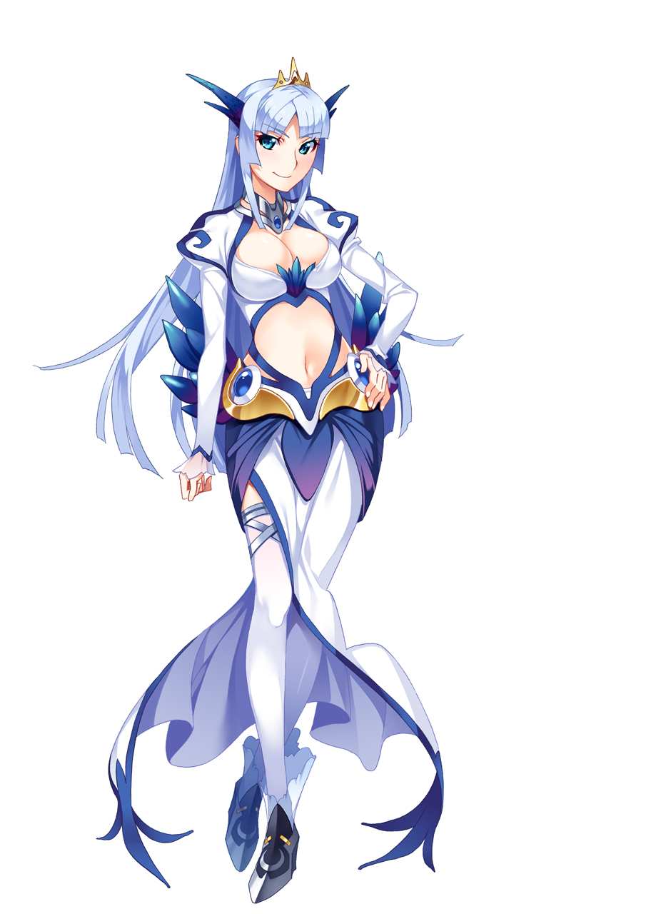 1girl, aqua_eyes, breasts, cleavage, dress, full_body, fumio_(ura_fmo), hand_on_hip