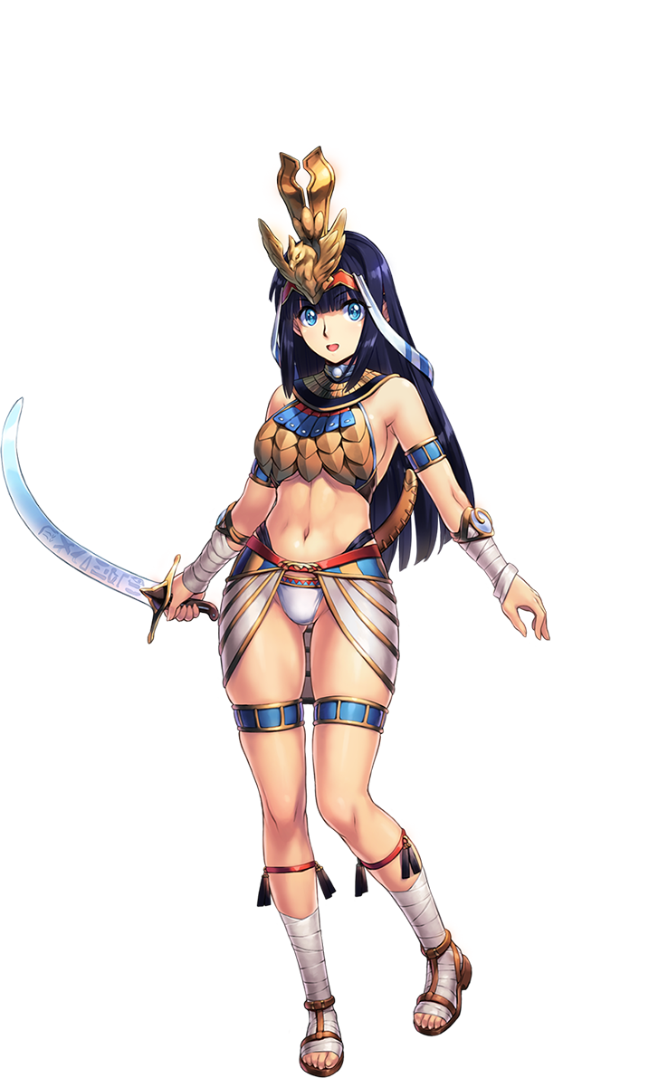 1girl, armor, bikini_armor, black_hair, blue_eyes, breastplate, crown, female, full_body, hair_ornament, hores_(sennen_sensou_aigis), jewelry, long_hair, looking_at_viewer, navel, official_art, open_mouth, sandals, sennen_sensou_aigis, simple_background, skirt, smile, solo, sword, transparent_background, uchiu_kazuma, weapon