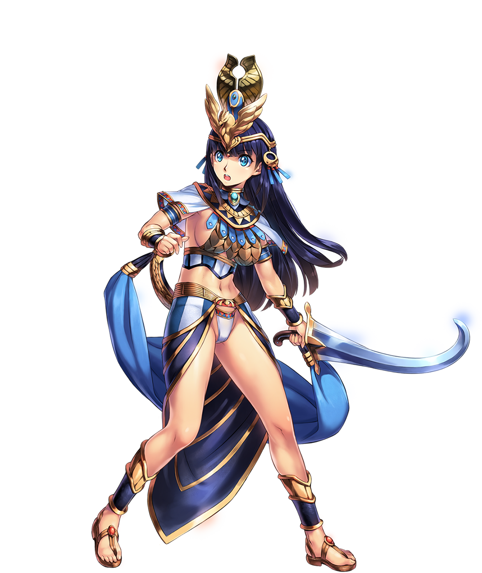 1girl, armor, awakening_(sennen_sensou_aigis), bikini_armor, black_hair, blue_eyes, breastplate, breasts, crown, female, full_body, hair_ornament, hores_(sennen_sensou_aigis), jewelry, long_hair, navel, official_art, open_mouth, sandals, sennen_sensou_aigis, simple_background, skirt, solo, sword, transparent_background, uchiu_kazuma, weapon