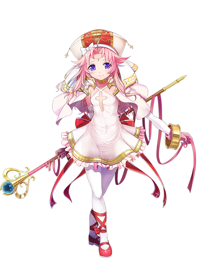 1girl, artist_request, bracelet, cross_cutout, dress, flat_chest, full_body, gloves, hat, holding, holding_staff, iris_(sennen_sensou_aigis), jewelry, leggings, legs_crossed, long_hair, looking_at_viewer, neck_ring, official_art, pink_hair, sennen_sensou_aigis, smile, solo, staff, transparent_background, violet_eyes, white_legwear