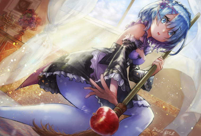 1girl, apple, artist_name, blue_eyes, blue_hair, breasts, broom, curtains