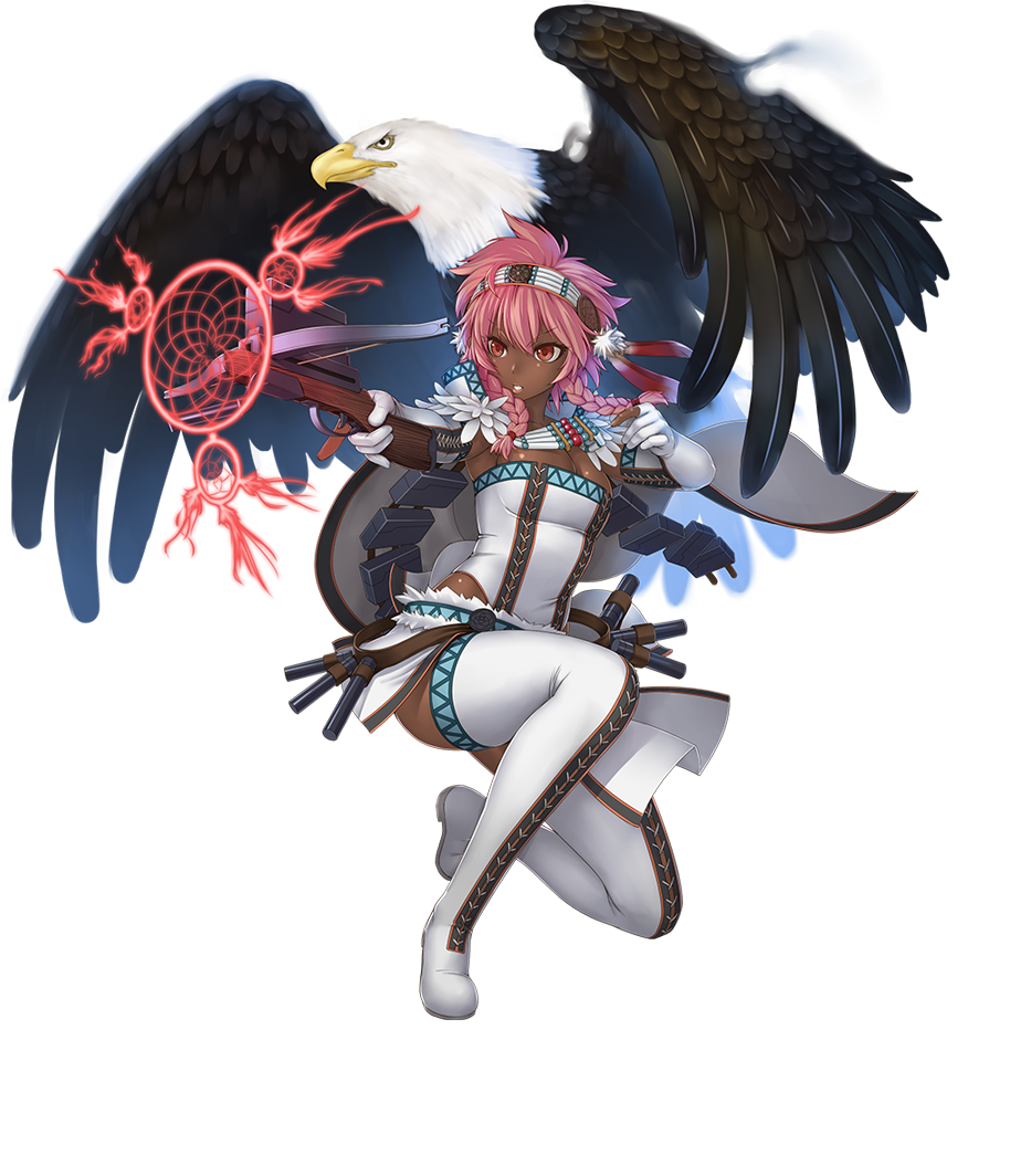 1girl, bald_eagle, bird, boots, bow_(weapon), braid, breasts, cleavage