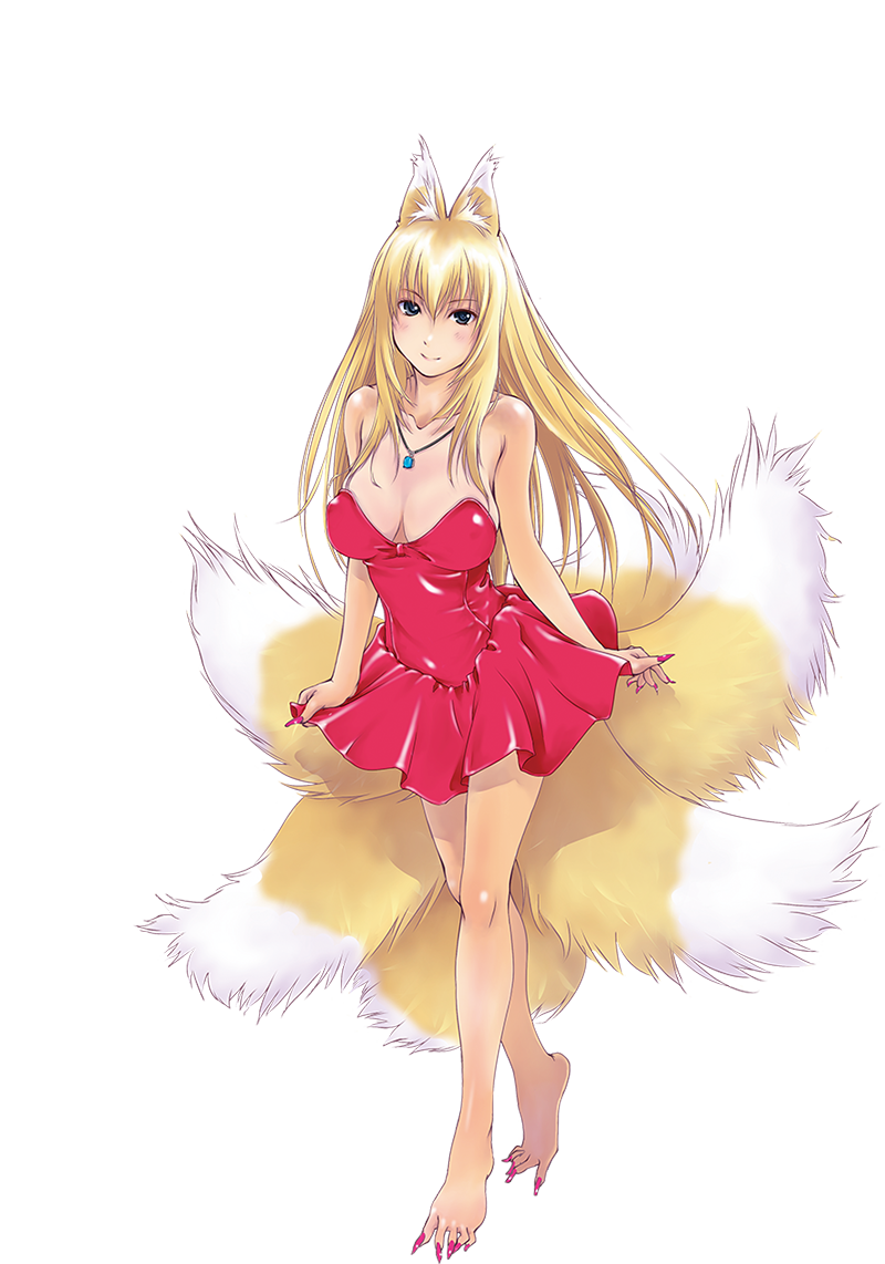 1girl, animal_ears, bare_legs, barefoot, blonde_hair, breasts, cleavage, dress